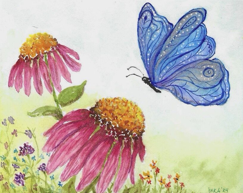 Watercolor painting of a powder-blue butterfly approaching pink flowers